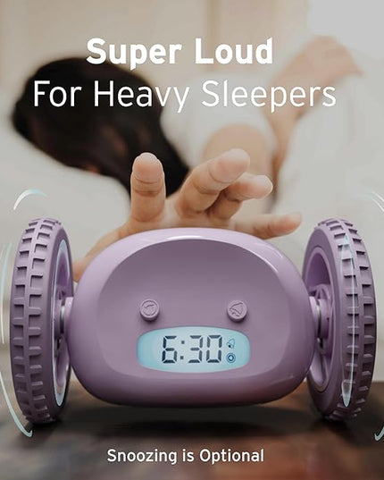 CLOCKY Alarm Clock on Wheels – Loud Rolling Alarm Clock for Heavy Sleepers | Runaway Clock That Jumps & Runs to Wake You Up | Funny Unique Gift for Adults & Teens (Lavender)