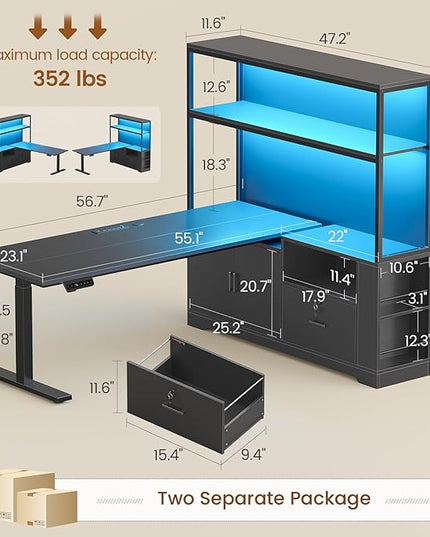 SEDETA 56.7" L Shaped Standing Desk, Reversible Computer Office Desk with Drawers & Hutch, Stand Up Corner Gaming Desks with LED Lights & Power Outlets for Home Office, Black