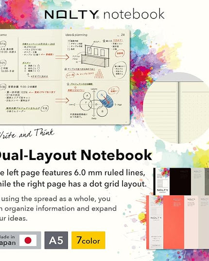 NOLTY Notebook, A5 Lined + Dot Grid, 176 Pages, Made in Japan, Orange, NTBNT1104