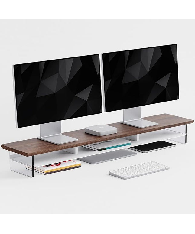 Dual‑Tier Monitor Stand for Modern Desk Setup – Minimalist Wooden and Metal Riser Shelf with Transparent Acrylic Feet for Dual Monitors, Laptops, Home Office Aesthetic，Brown and White