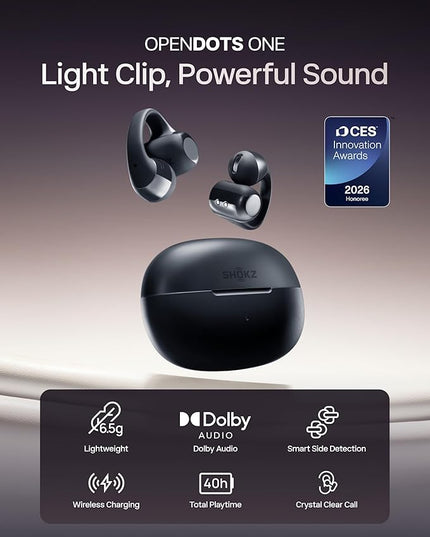 SHOKZ OpenDots ONE-Open-Ear Headphones, Clip-On Earbuds-Wireless Bluetooth Earbuds with Microphone-Secure, Lightweight, Comfort-Premium Dolby Audio-Water Resistant-Fast Charging-Up to 40 hrs Playtime