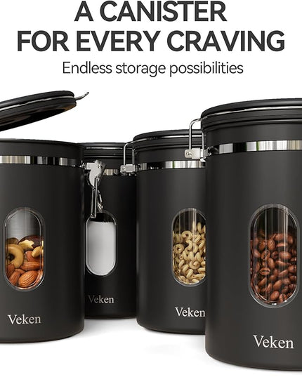 Veken Large Coffee Canister with Window, Rice Kitchen Food Storage Airtight Stainless Steel Container with Lids, Date Tracker and Scoop, Grounds, Beans, Tea, Flour, Cereal, Sugar Jars, 38oz, Black