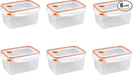 Sterilite Ultra-Seal 12 Cup Rectangle, Airtight Food Storage Container, Latching Lid, Microwave and Dishwasher Safe, Clear With Orange Gasket, 6-Pack