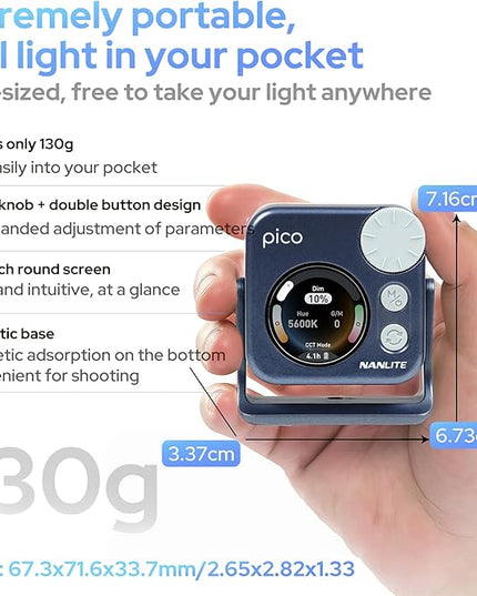 Nanlite Pico Portable LED Fill Light – Full Color RGB, Snap-On Attachment for Phone/Camera Photography, Live Streaming, Video Content Creation (Midnight Blue)