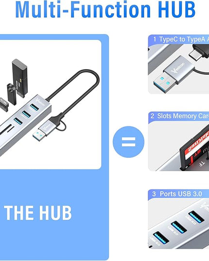 3-Port USB C 3.0 Hub Splitter with USB A Adapter, SD/TF OTG Card Reader, Portable 5 in 1 Multi Ports USB Expander for PC, Laptop, MacBook, Xbox, Flash Drive, HDD, Console,Camera