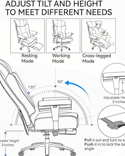 Efomao Big and Tall Green Office Chair 450LBS – Ergonomic High-Back Executive Chair with Footrest, Adjustable Padded Armrests, PU Leather Computer Chair with Lumbar Support for Home or Office, Yellow