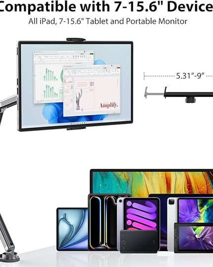 KU XIU Aluminum Alloy Tablet Stand for Desk, Adjustable Foldable Arm Holder Mount Compatible with iPad 10/9th, iPad 13/12.9/11'' Pro Air Mini, Portable Monitor 7-15.6'', Samsung Galaxy Tab S9/FE/A9/S6