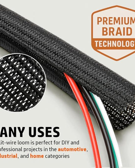 MGI SpeedWare Braided Split-Sleeve Wire Loom for High-Temperature Automotive Harness and Home Cable Management 25 feet (1")