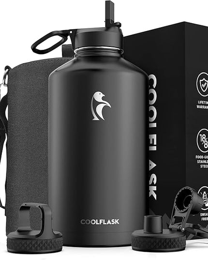 Coolflask Gallon Water Bottle Insulated with Straw&3 Lids, 128 oz Water Jug Large Stainless Steel Metal Vacuum Wide Mouth for Sports, Gym or Office, Non-BPA Keep Cold 48H Hot 24H, Magic Black