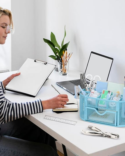 17 in 1 Blue Desk Organizers and Accessories Set, 3 Office Desk Supplies Storage Organization, 4 Pens, Stapler, Staples & Remover, Tape & Dispenser, Scissors, Ruler, Clips, Hole Punch, Back to School