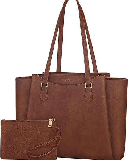 RAINSMORE Laptop Bag for Women 15.6 Inch Work Tote Bags Waterproof Computer Bags Leather Professional Laptop Purse Womens Laptop Briefcase Large Handbag for Office Teacher Travel, Retro Brown