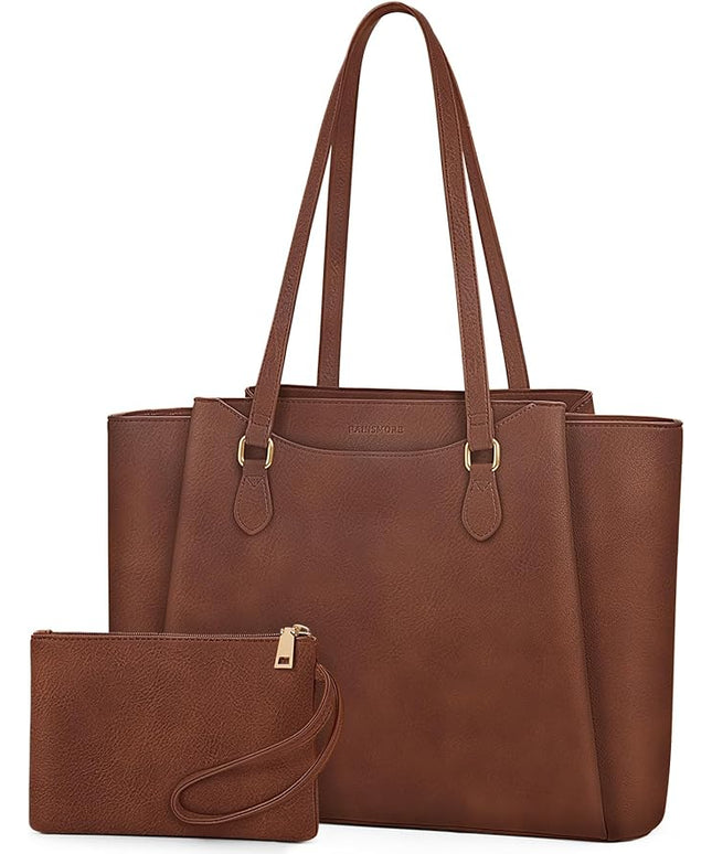RAINSMORE Laptop Bag for Women 15.6 Inch Work Tote Bags Waterproof Computer Bags Leather Professional Laptop Purse Womens Laptop Briefcase Large Handbag for Office Teacher Travel, Retro Brown