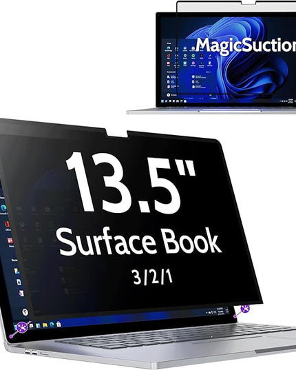 Peslv Privacy Screen for 13.5 Inch Surface Book 3/2/1, MagicSuction™ Removable Anti Spy Black Protector, Glare Blue Light Filter for Microsoft Laptop Computer Monitor