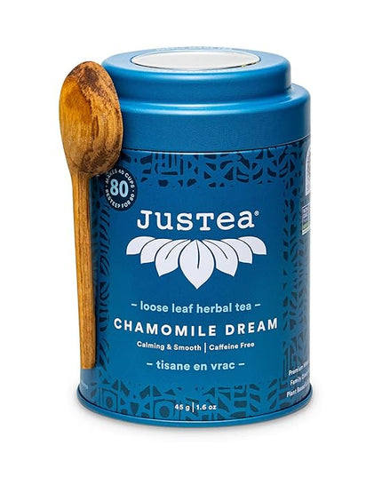 JusTea CHAMOMILE DREAM | Loose Leaf Herbal Tea | Tin with Hand Carved Tea Spoon |40+ Cups (1.6oz) | Caffeine Free | Award-Winning | Fair Trade | Non-GMO