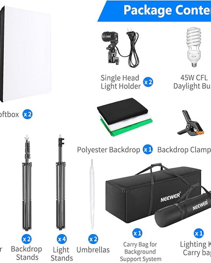 NEEWER Photography Lighting kit with Backdrops, 8.5x10ft Backdrop Stands, UL Certified 5700K 800W Equivalent 24W LED Umbrella Softbox Continuous Lighting, Photo Studio Equipment for Photo Video Shoot