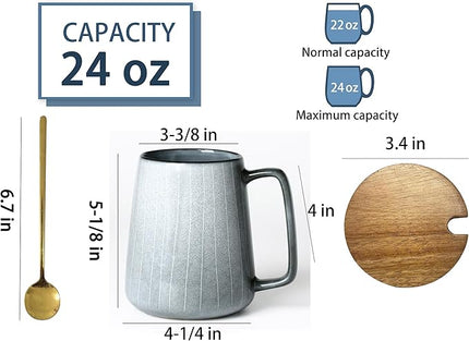 HYTYSKAR 24 OZ Extra Large Ceramic Coffee Mug, with Spoon and Wooden Lid, Big Tea Cups with a Large Handle for Office and Home, Microwave and Dishwasher Safe (24 oz Grey Set)
