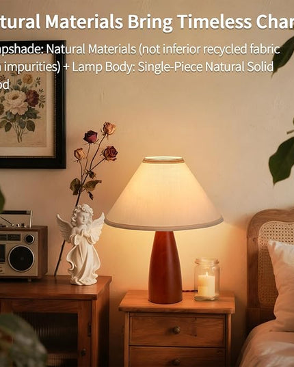 Bedside Table Lamp for Bedroom, Mid-Century Modern Plug in Fabric Shade & Solid Wood Base Desk Lamp, Plug & Play Red Wood Nightstand Lamp for Living Room, Office 【Bulb Included】