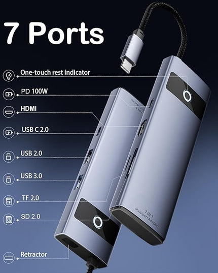 DiamondTiger 7-in-1 USB C Hub,4K 30Hz HDMI Adapter, USB-C Docking Station with 100W PD,TF/MicroSD Card Reader,USB-A 2.0,3.0,Type-C 3.0 Ports,Compatible with MacBook Pro/Air,iPad,iPhone15/Pro Max