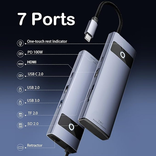 DiamondTiger 7-in-1 USB C Hub,4K 30Hz HDMI Adapter, USB-C Docking Station with 100W PD,TF/MicroSD Card Reader,USB-A 2.0,3.0,Type-C 3.0 Ports,Compatible with MacBook Pro/Air,iPad,iPhone15/Pro Max
