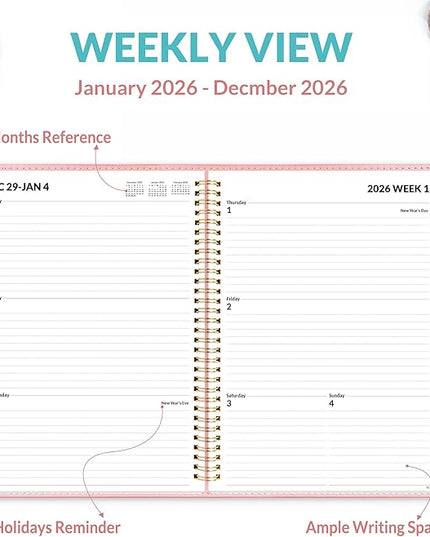 SUNEE 2026 Weekly & Monthly Planner 9"x11.2"- 12 Month (January 2026 - December 2026), Vegan Leather Cover, Pocket, Bookmark, Notes, Monthly Tab, Peach Pink