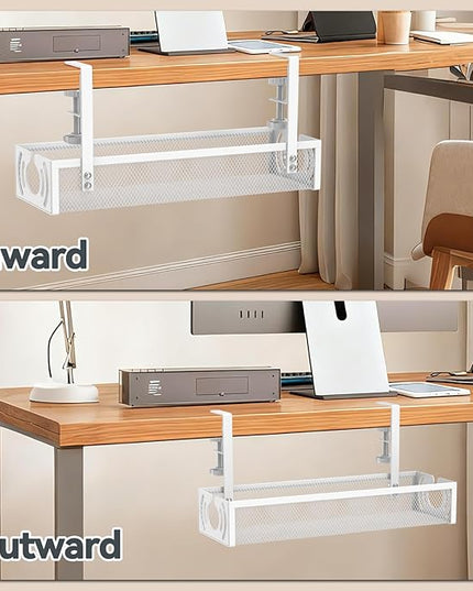 Cable Management, 15'' Under Desk Cable Management Tray No Drill, Metal Cable Organizer with Clamp for Wire Management, Cord Organizer for Home Office, Desk Accessories Organizer, White