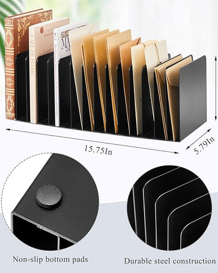 Suzile 2 Pcs Metal Desk File Organizer 15 Compartments Metal Desktop Organizer File Sorter Office Organization File Holder for Home Classroom, Vertical File Organizer, 15.75" l x 5.79" W x 5.41" H