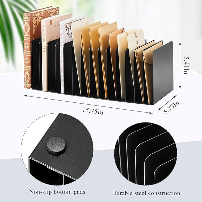 Suzile 2 Pcs Metal Desk File Organizer 15 Compartments Metal Desktop Organizer File Sorter Office Organization File Holder for Home Classroom, Vertical File Organizer, 15.75" l x 5.79" W x 5.41" H