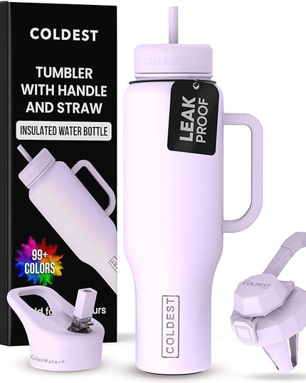Coldest Tumbler with Handle and Straw - 100% Leak Proof Insulated Tumbler with Lid and Straw (3 Lids) - Stainless Steel Tumblers for Women & Men - Cup Holder Friendly Base, 46 oz (Lilac Blue)