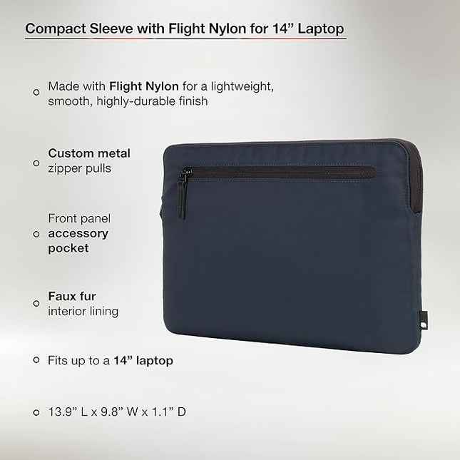 Incase Compact Laptop Sleeve with Flight Nylon - 14-inch MacBook/Laptop & iPad/Tablet Sleeve - Faux Fur Lining, Lightweight, Durable, Weather Resistant, Slip Pocket for Accessories - Navy