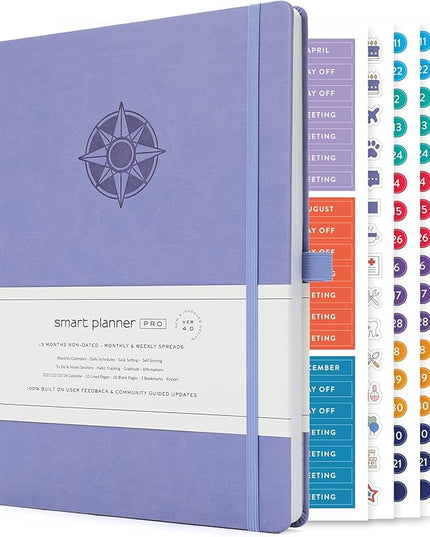 Smart Planner Pro – Large 11 x 8.5 inches (A4) – Undated Agenda Daily Planner – Tested & Proven to Achieve Goals & Increase Productivity, Time Management & Happiness with Weekly, Monthly, Gratitude Sections, Back Pocket (Lavender)