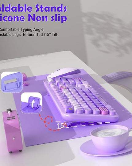 Wireless Keyboard and Mouse Combo, 104 Keys Cute Colorful Keyboard and Mouse with Retro Typewriter for PC/Mac/Laptop/Tablet/Computer/Windows Microsoft, Purple