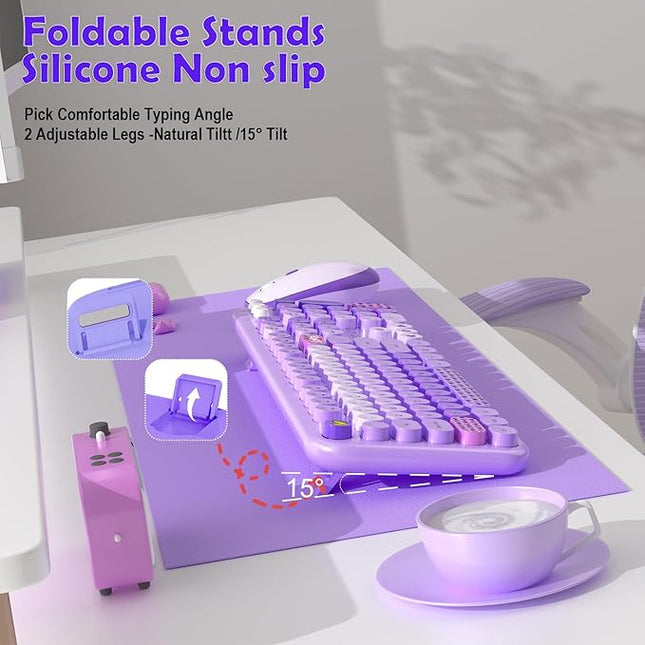 Wireless Keyboard and Mouse Combo, 104 Keys Cute Colorful Keyboard and Mouse with Retro Typewriter for PC/Mac/Laptop/Tablet/Computer/Windows Microsoft, Purple