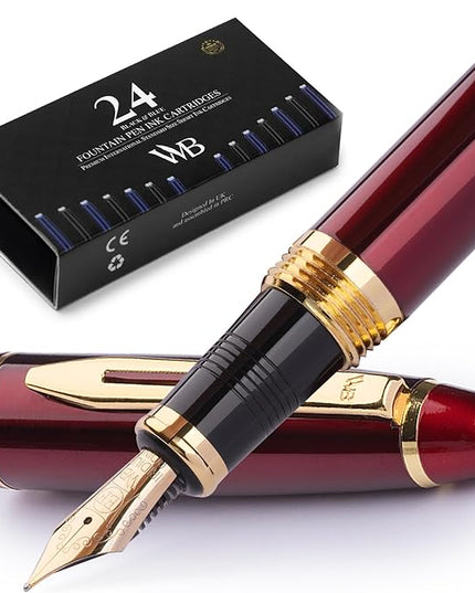 Wordsworth & Black Majesti Fountain Pen-(Red), Luxury Case, 24K Gold Finish; 18K Gilded Extra Fine Nib- Ink Cartridges, Refillable Ink Converter-Calligraphy Pen-Best Business Gift Set for Men & Women