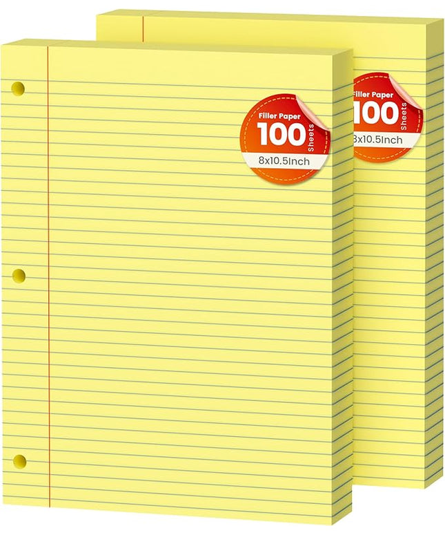 Yellow Loose Leaf Paper 200 Sheets Colored Filler Paper 2 Pack 8 * 10.5 College Ruled Paper 3-Hole Punched Paper for 3-Ring Binders Notebook Lined 8" x 10.5"