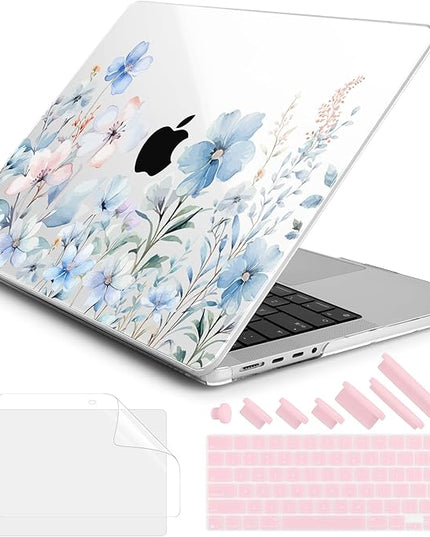 DONGKE Case for M5 MacBook Pro 14 inch 2025 2024-2021 M4 M3 M2 M1, Plastic Hard Shell Cover Compatible with A3434 A3112 A3401 A3185 A2992 A2779 A2442, Retina XDR Display & Touch ID, Blue Flowers