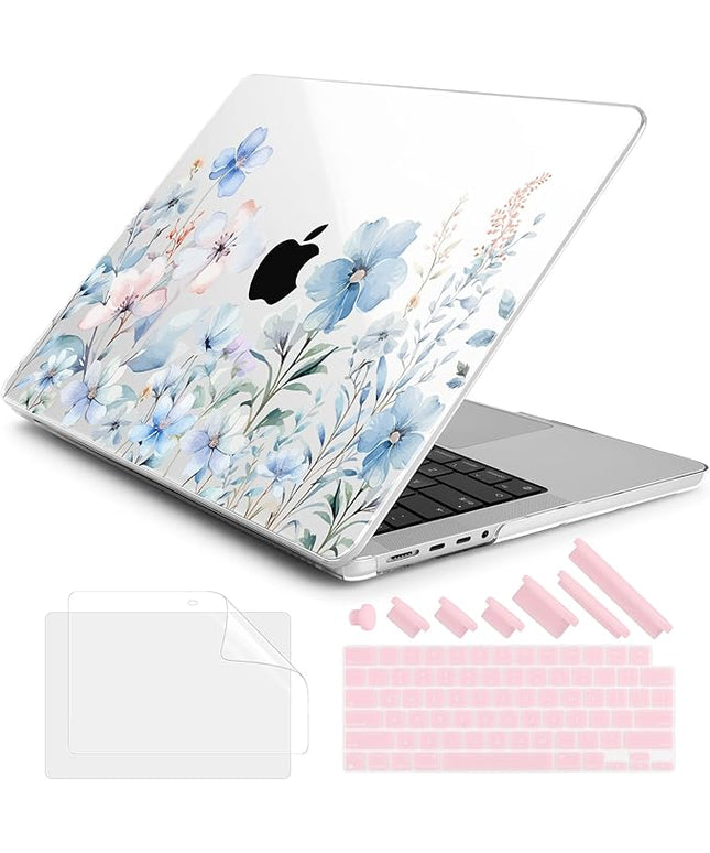 DONGKE Case for M5 MacBook Pro 14 inch 2025 2024-2021 M4 M3 M2 M1, Plastic Hard Shell Cover Compatible with A3434 A3112 A3401 A3185 A2992 A2779 A2442, Retina XDR Display & Touch ID, Blue Flowers