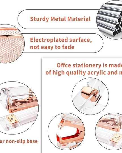 Rose Gold Desk Accessories, Office Supplies Set with Acrylic Stapler, Tape Dispenser, Staple Remover, Pen Holder, Scissor, Binder Paper Clips, 1 Ballpoint Pen, 1 Clear Tape and 1000pcs Staples