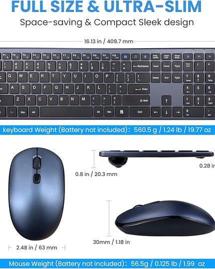 Wireless Keyboard and Mouse Combo,2.4G USB Ultra Slim Quiet Full Size Matte PC Computer Keyboard & Mice,3 DPI,19 Multimedia Key,Lag-Free Ergo,Long Battery Life for Desktop,Laptop,Smart TV,MAC,Windows