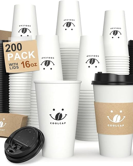 Coolcap Coffee Cups with Lids and Sleeves, 16 Ounce 200 pack To Go Coffee Cups with Lids, Paper Hot Cups for Hot & Cold Beverage (White, 16 Ounce)