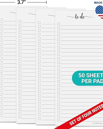 321Done To Do List Notepad 4-Pack, 3.7 x 8.5 (1/3 Sheet Slim Handheld Size) - Made in USA, Simple Stylish To-Dos Memo Pad for Planning, Tasks, Appointments, Reminders, Home, Office - College-Ruled
