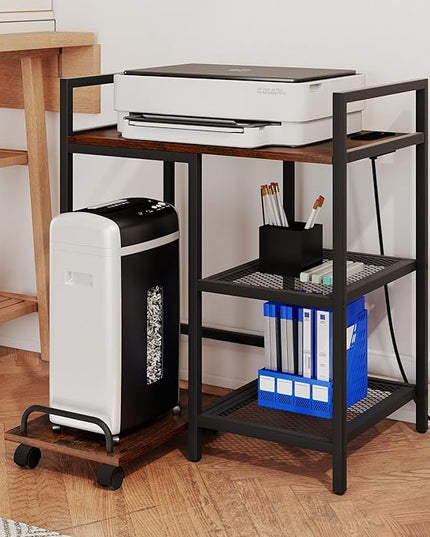 Giantex 3-Tier Printer Stand with Charging Station, 2 Open Storage Shelves, Side PC Stand on Wheels, 25" x 16" Mobile Printer Table for Computer Tower, Printer Shredder, Fax, Under Desk, Home Office