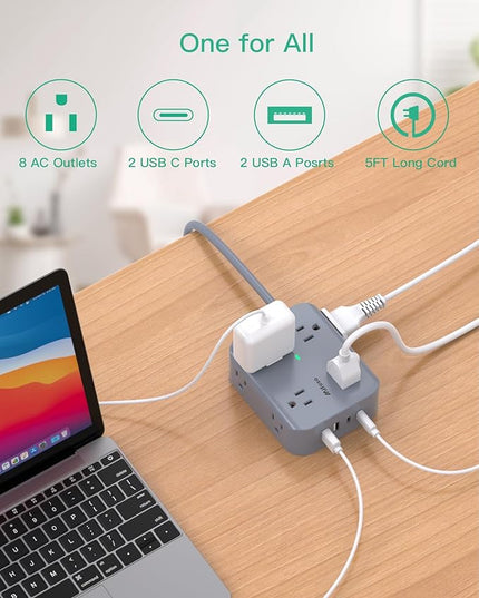 Power Strip Surge Protector - Flat Plug, Wall Mount, 8 Wide Outlets with 4 USB Ports (2 USB C), 5FT Heavy Duty Extension Cord with Multiple Outlets, Charging Station Home Dorm Office Accessories Gray