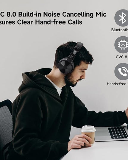 OneOdio Bluetooth Over Ear Headphones, 110 Hrs Wireless/Wired Stereo Sound Foldable Headsets with Deep Bass 50mm Neodymium Drivers for PC/Computer/Podcast- Studio Wireless Pro C, Black