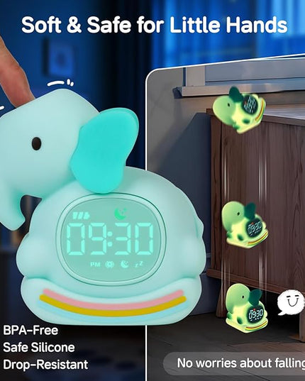 Alarm Clock for Kids with Night Light, Sleep Training Clock Time to Wake Clock, Rechargeable Silicone Light for Bedroom, Perfect Sleep Companion for Boys Girls, Green Elephant