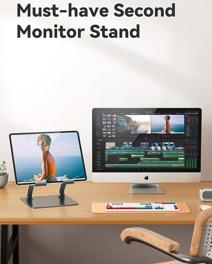 tounee Tablet Holder Stand, Dual Rod Adjustable Aluminum Desktop Stand, Compatible with 4.7-16.9" iPads, Surface Tablets, Portable Monitors, Kindle & More (Gray)