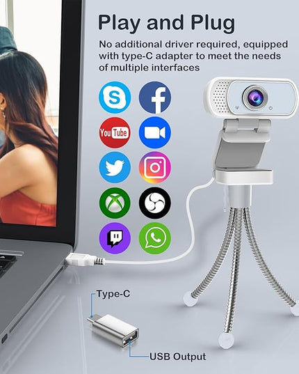 1080p White Webcam with Microphone, USB Web Camera 110-Degree View Angle Computer Camera,Webcam Tripod/Privacy Cover/USB C Adapter Include,Plug and Play Web Cam for Video Conferencing Streaming