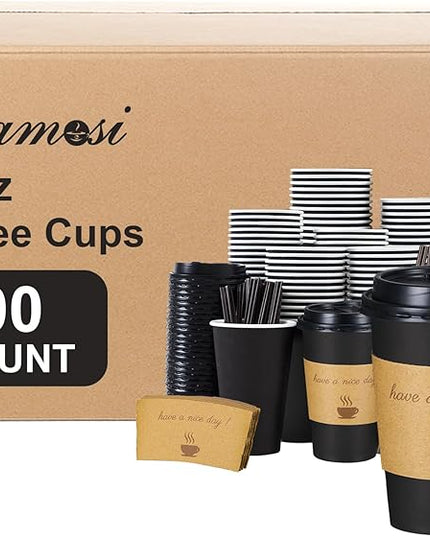 Lamosi 12 OZ Coffee Cups with Lids 500 Pack, Disposable Paper Hot Cups with Lids, Stir Sticks and Sleeves for TO GO Drinks and Hot Beverages