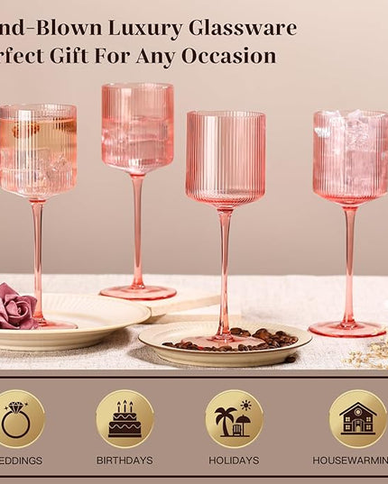 Pink Square Wine Glasses Set of 6, Elegant Ribbed Design Colored Crystal Glassware with Long Stem, 11.5oz Hand Blown Stemware For Red & White Wine Home Bar Party