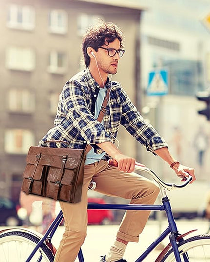 Seyfocnia Leather Messenger Bag for Men, Vintage Leather Laptop Bag Briefcase Satchel, 17.3 Inch Computer School Work Bag (Brown)