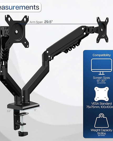 VIVO Aluminum Articulating Dual Monitor Arm for 13 to 30 inch Screens, Desk Mount Tension Spring Monitor Stand for 2 Screens, Black, STAND-V102O